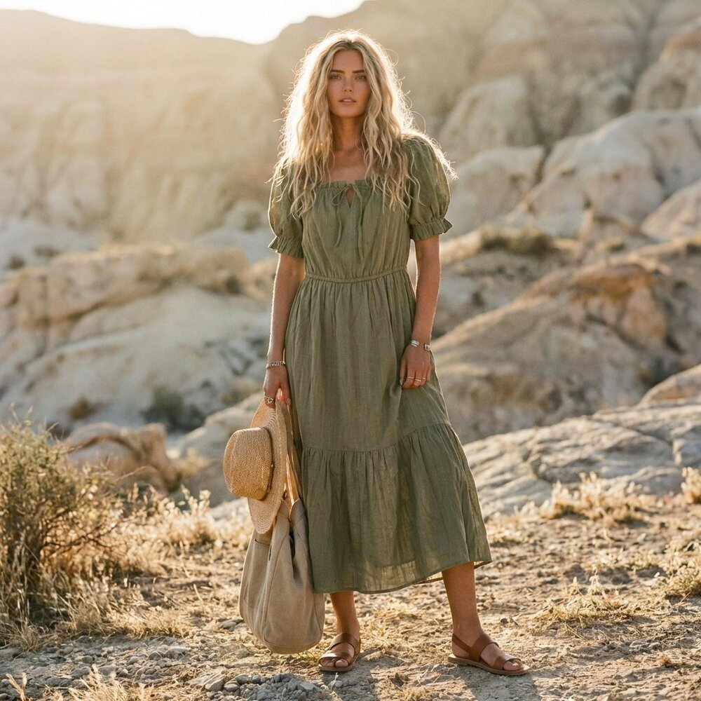 JUST FOUND Olive Green Midi Dress - Boho DÔEN Style L (Fits M)
